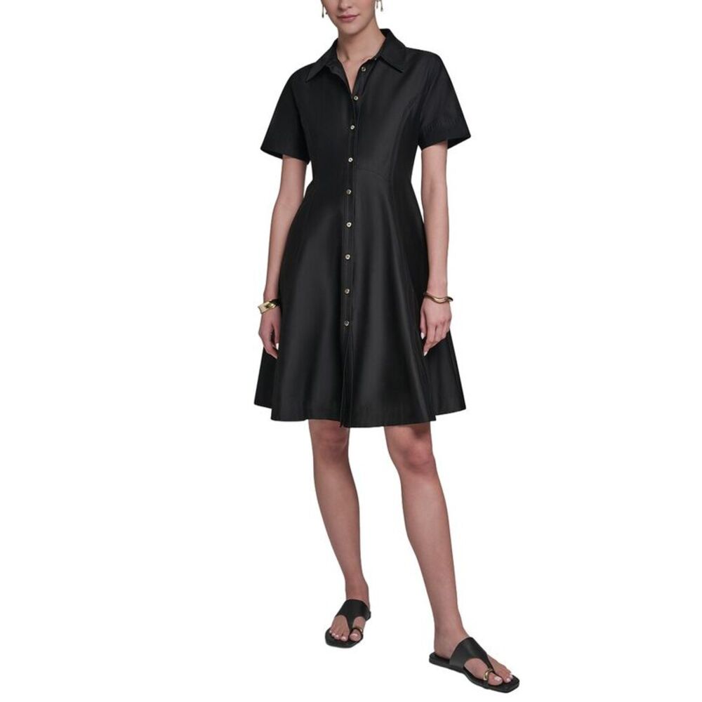 Halston Womens Short Sleeve Button-Up Sateen Shirtdress